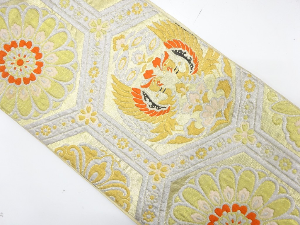 JAPANESE KIMONO / ANTIQUE FUKURO OBI / SILK / WOVEN PHOENIX & FLORAL CREST